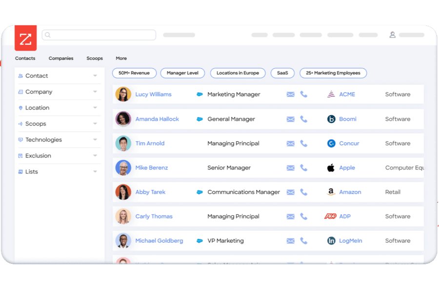 ZoomInfo Software Dashboard Interface