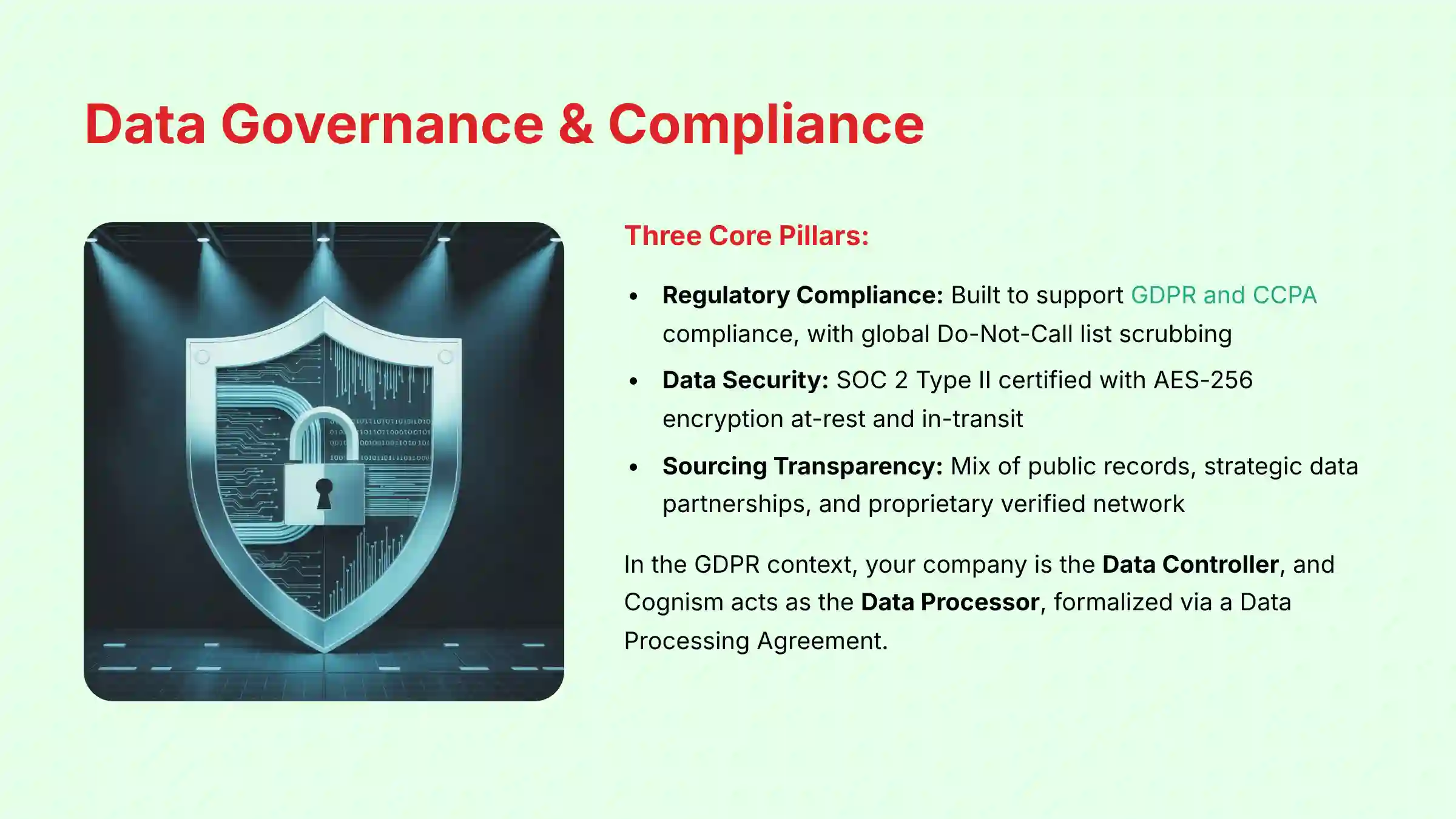 Data Governance and Compliance framework - GDPR, CCPA compliance and security protocols