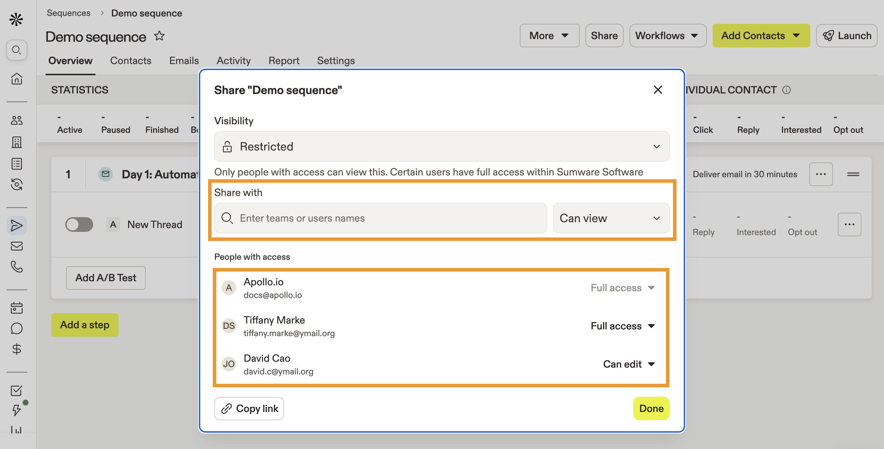 Apollo.io Sequence Builder Interface