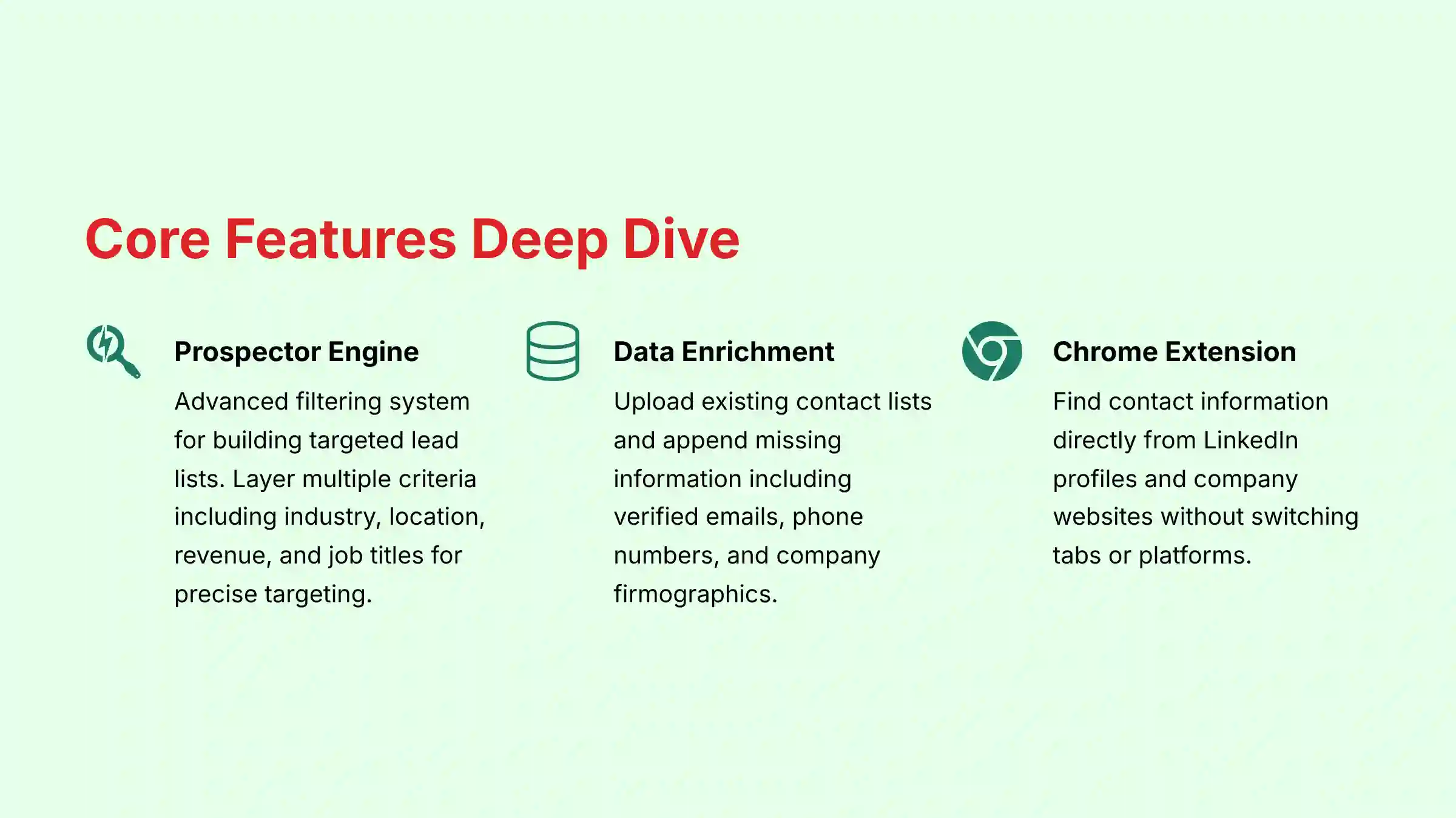 Core Features Deep Dive - Prospecting Engine and Data Enrichment Capabilities