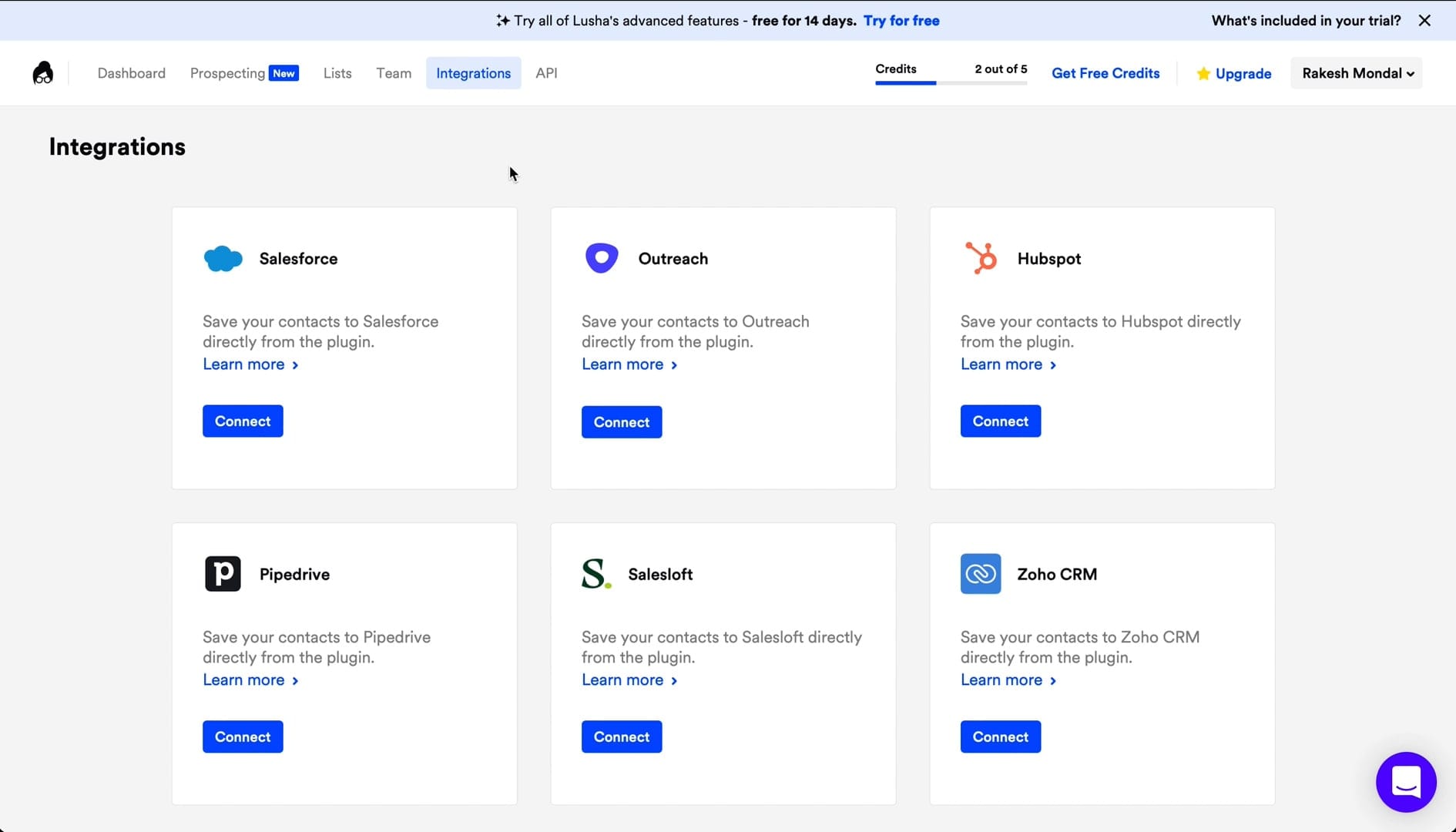 Lusha B2B Database integrations interface