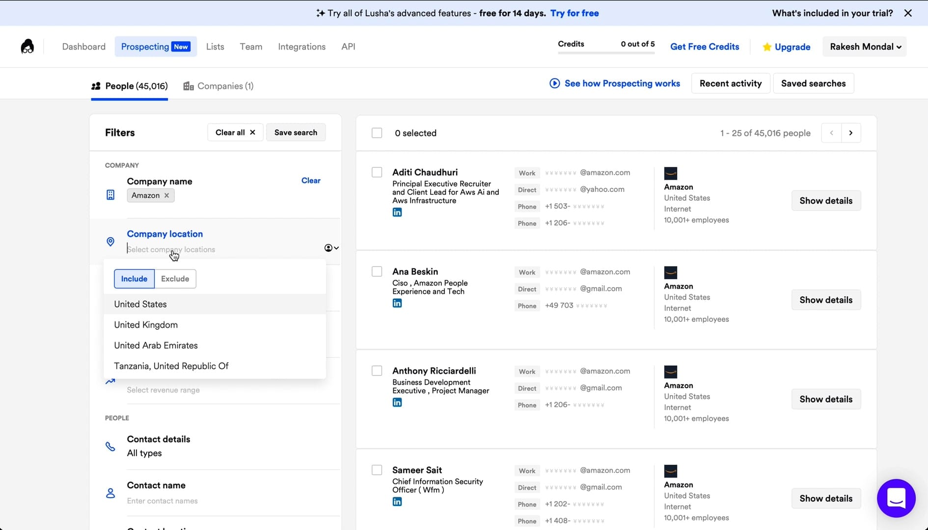 Lusha B2B Database Prospecting Interface