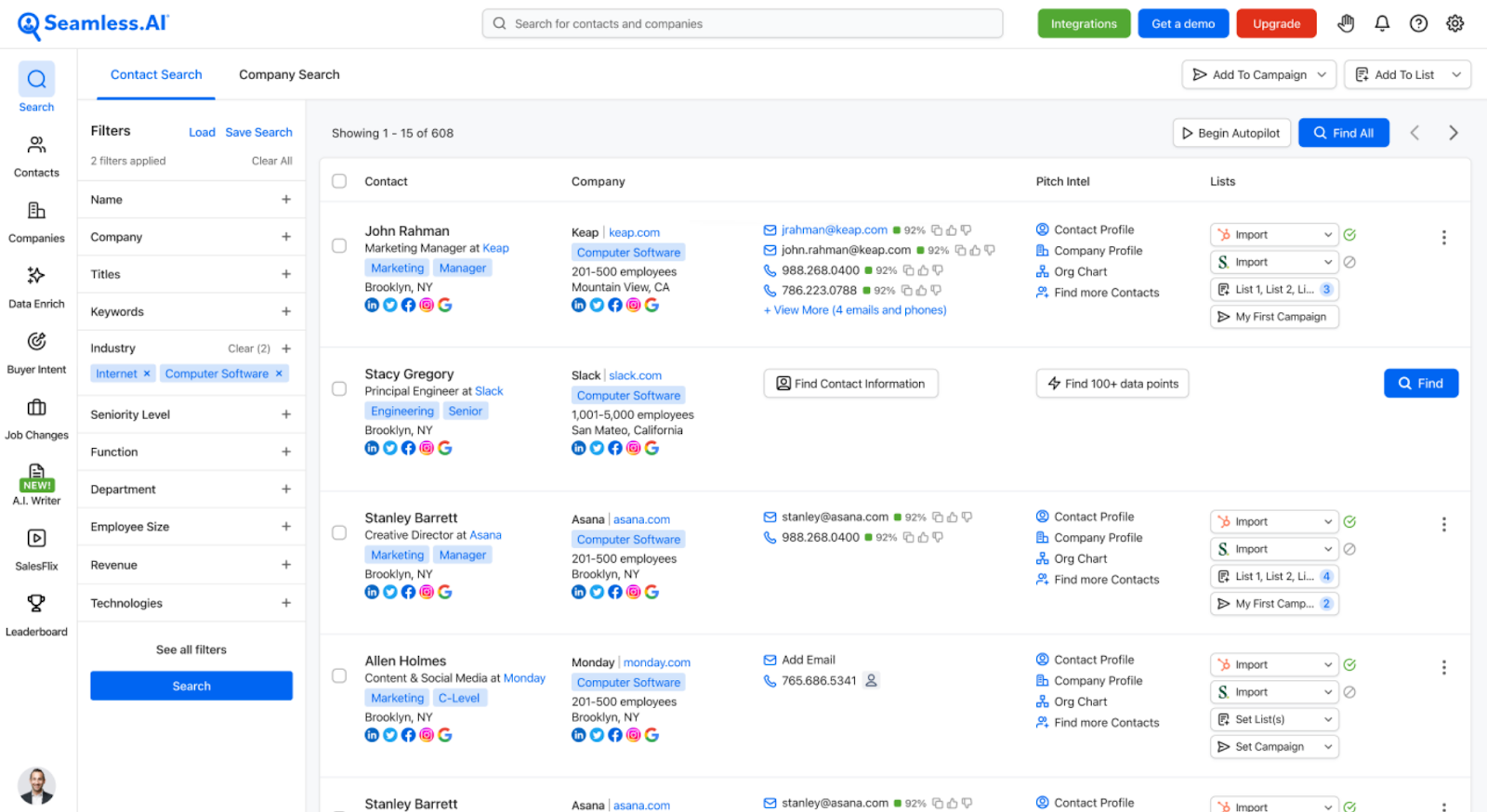 Seamless.ai Dashboard Interface