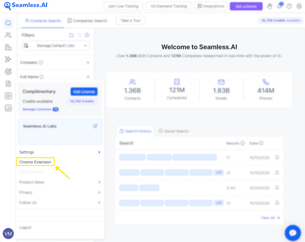 Seamless.ai Chrome Extension Interface
