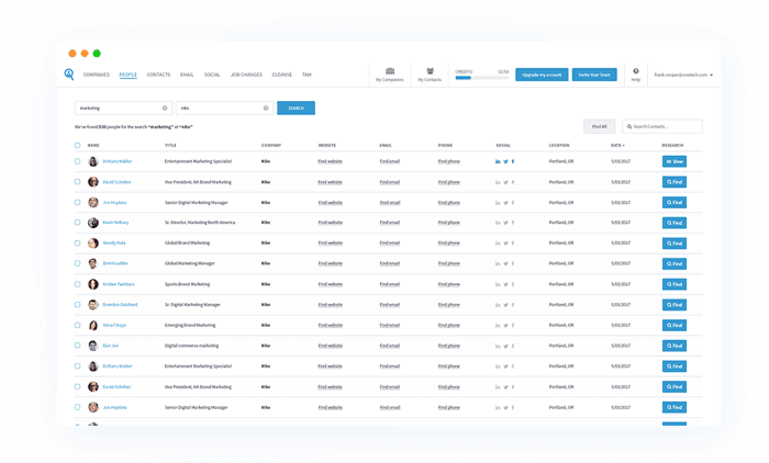 Seamless.ai contact dashboard interface showing search capabilities