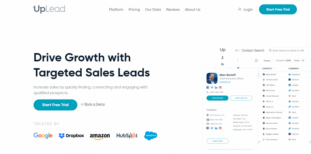 Uplead AI-powered sales intelligence platform homepage