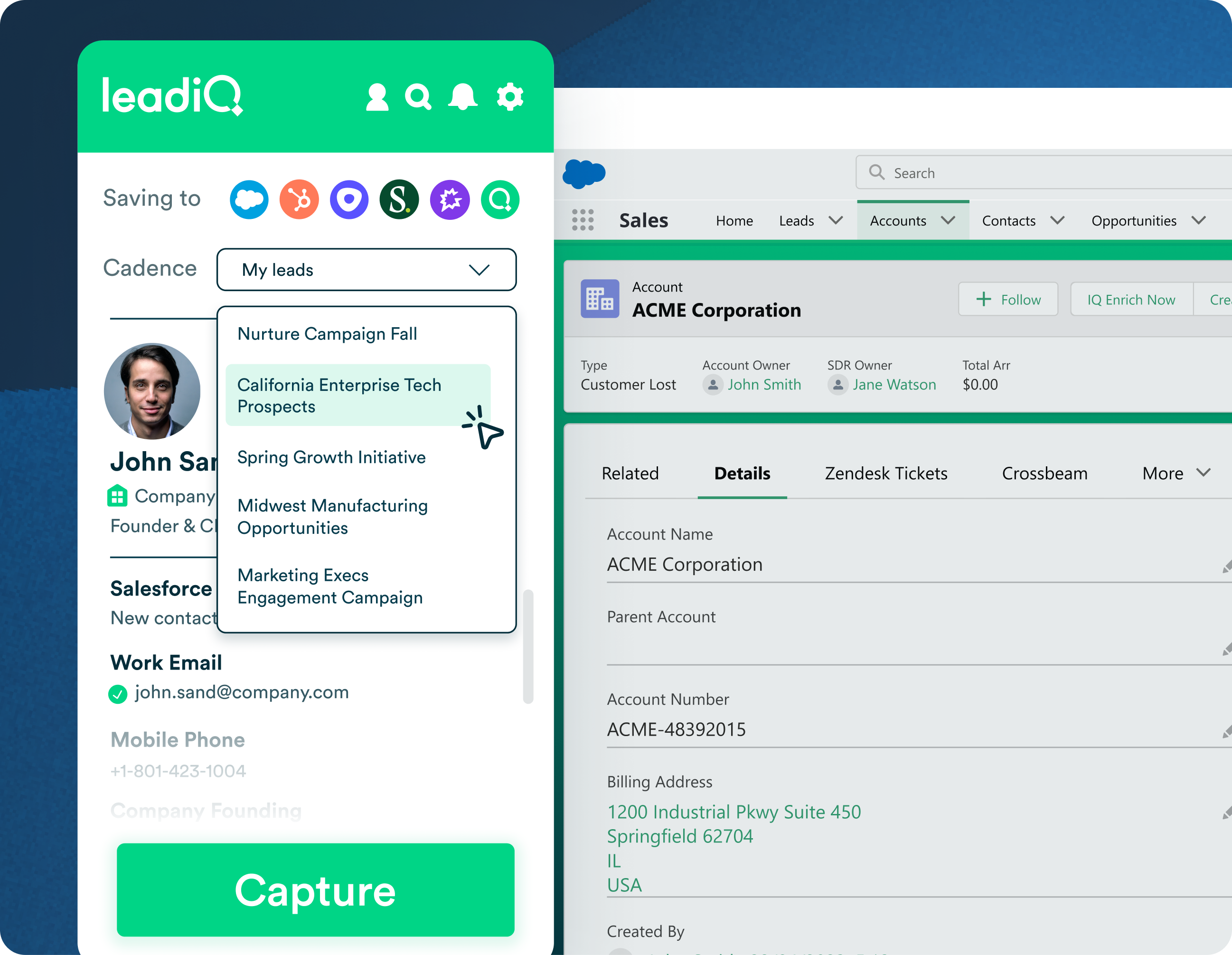LeadIQ Chrome extension in action on LinkedIn and Salesforce