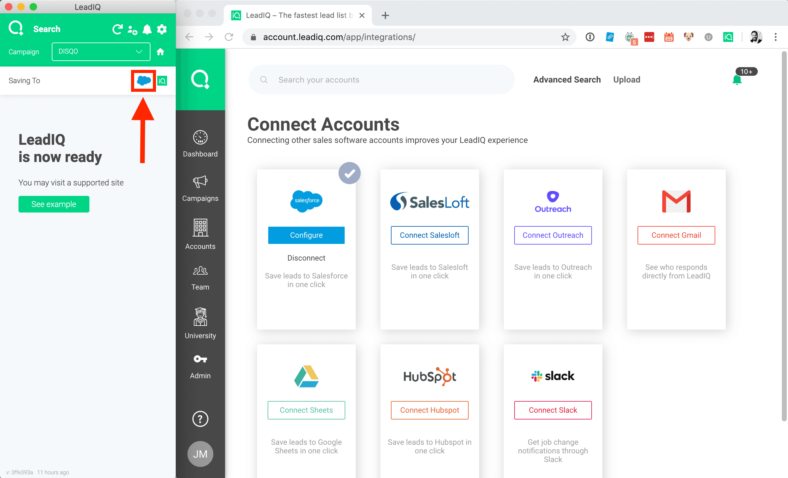 LeadIQ Salesforce integration setup screen showing field mapping configuration